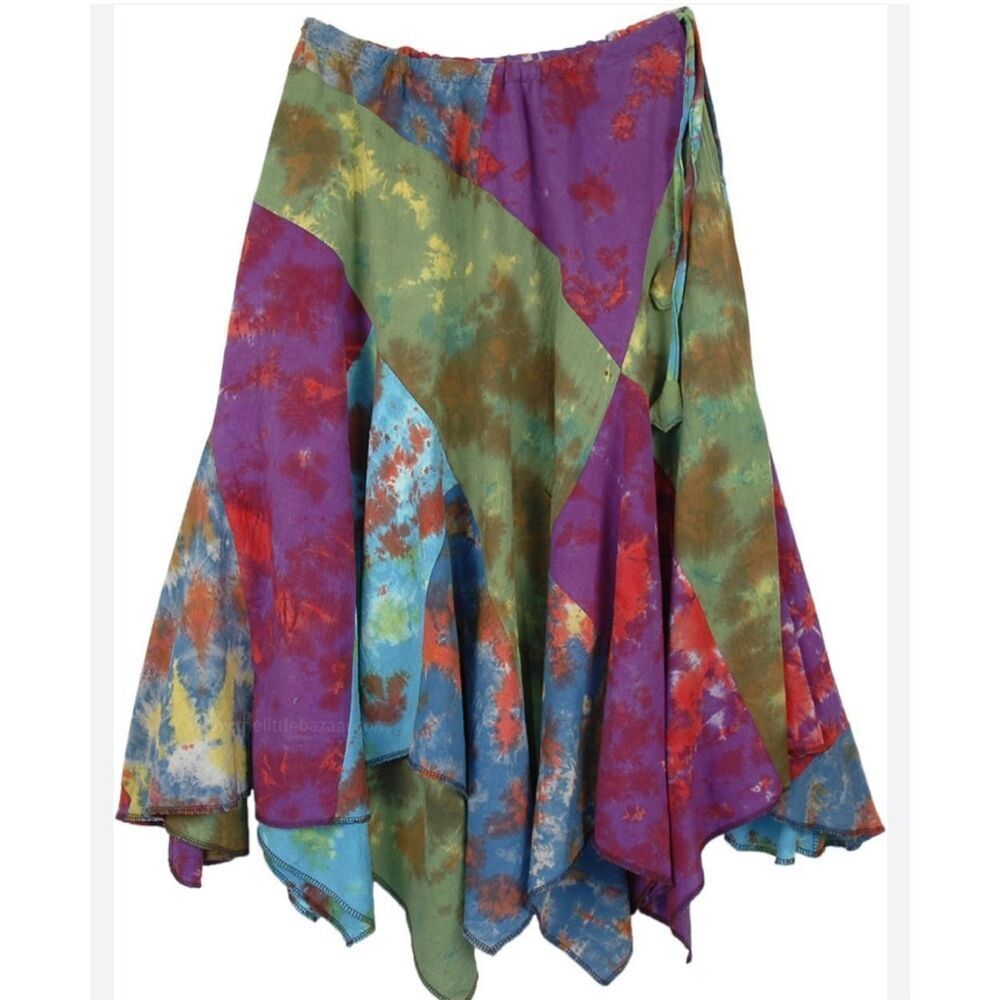 TLB The Little Bazaar Buoyant Colorful Bohemian Hanky Hem Tie Dye Skirt